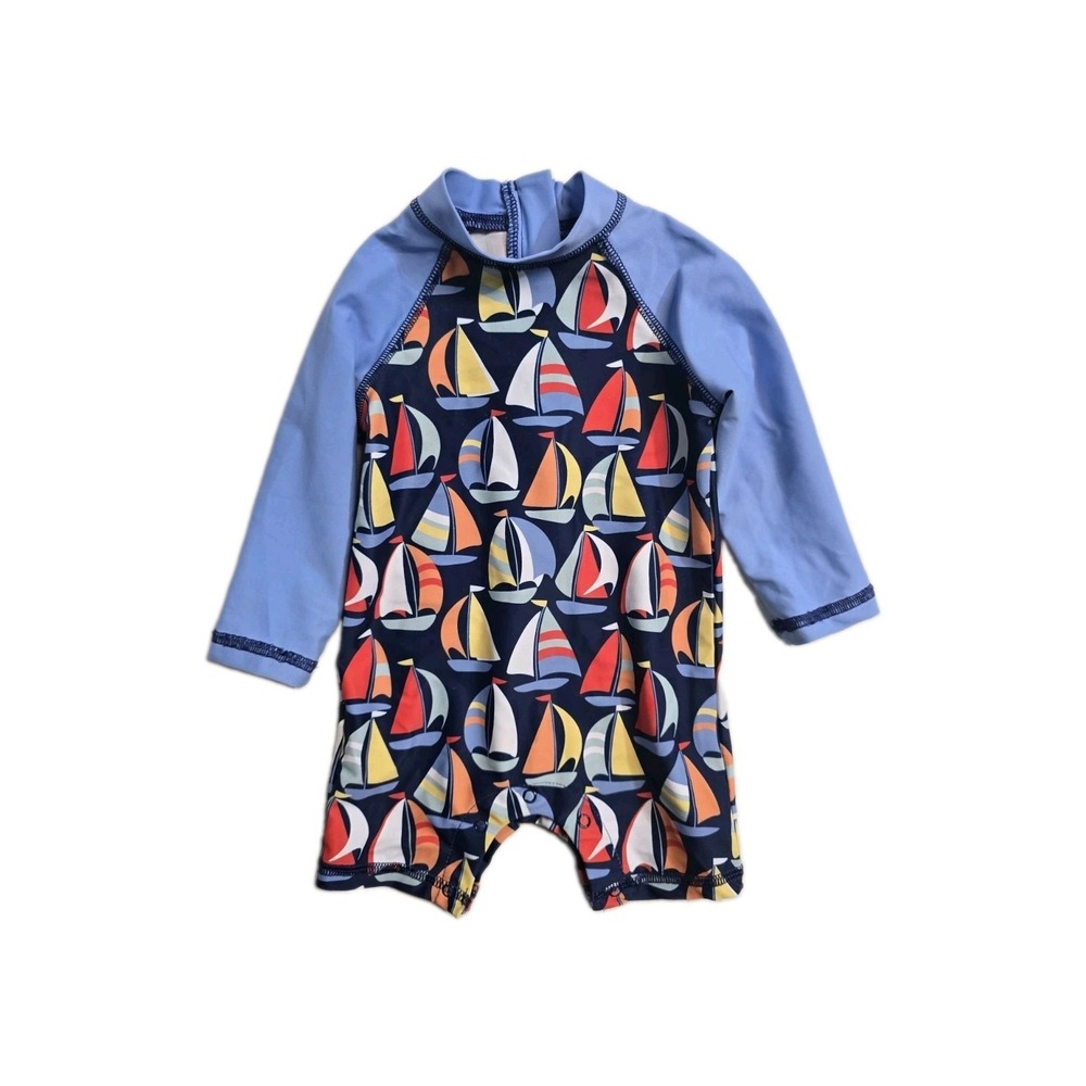 Little Me Baby Boys One Piece Swimming Suit 12 Months Long Sleeve Boats